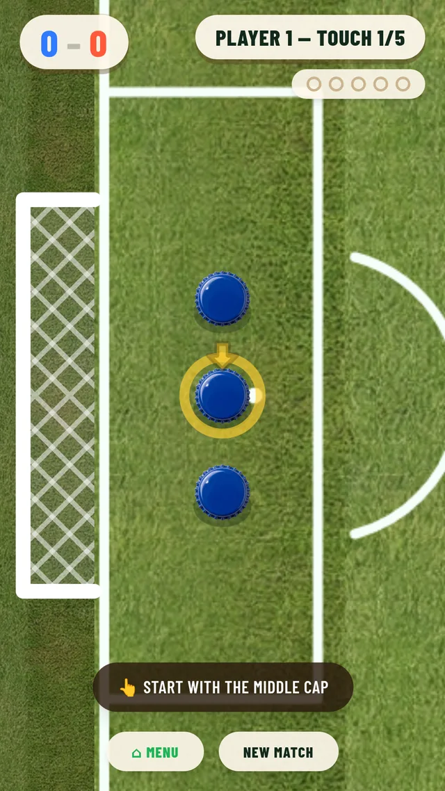 Match in progress: three blue caps on a grass pitch, touch 1 of 5