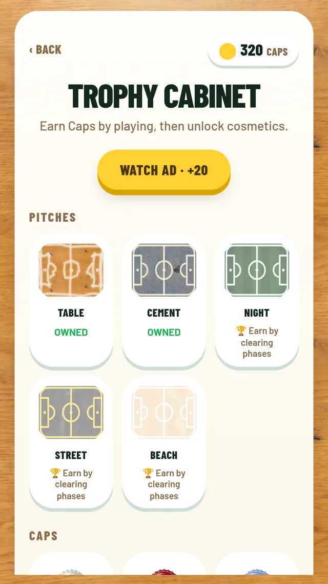 Trophy Cabinet with unlockable pitches: table, cement, night, street, beach