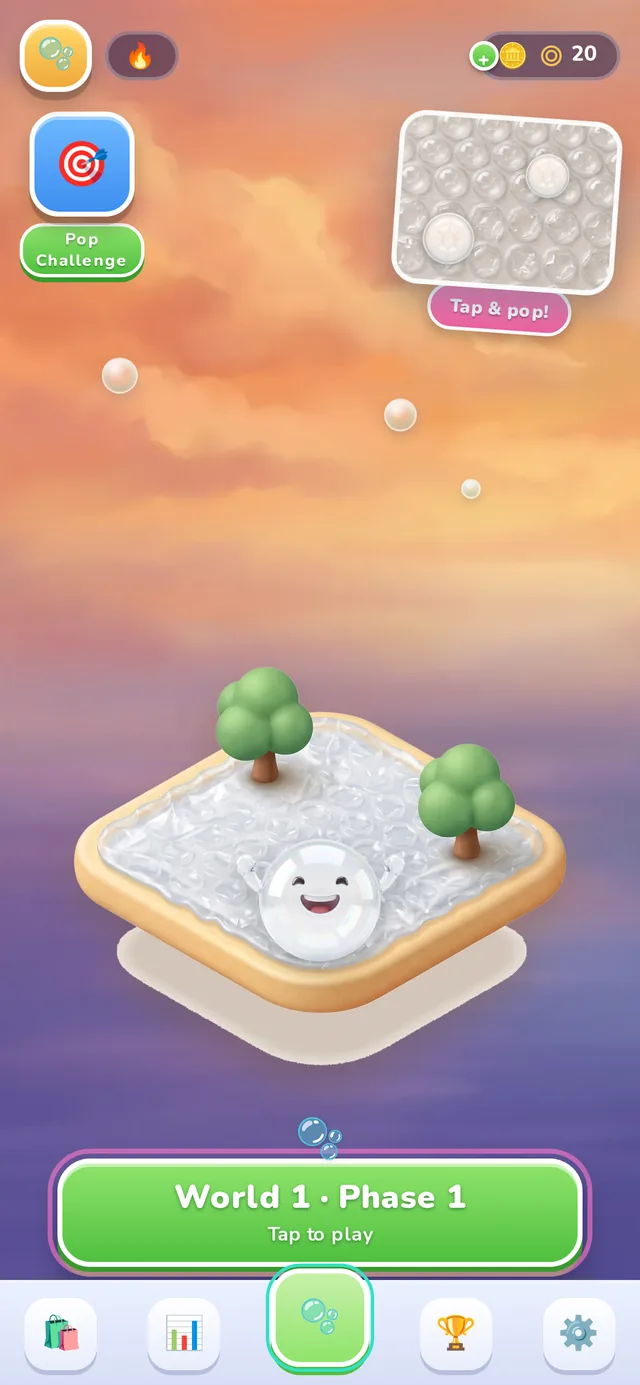 Zen Bubbles home screen: the smiling bubble mascot on a bubble-wrap island at sunset