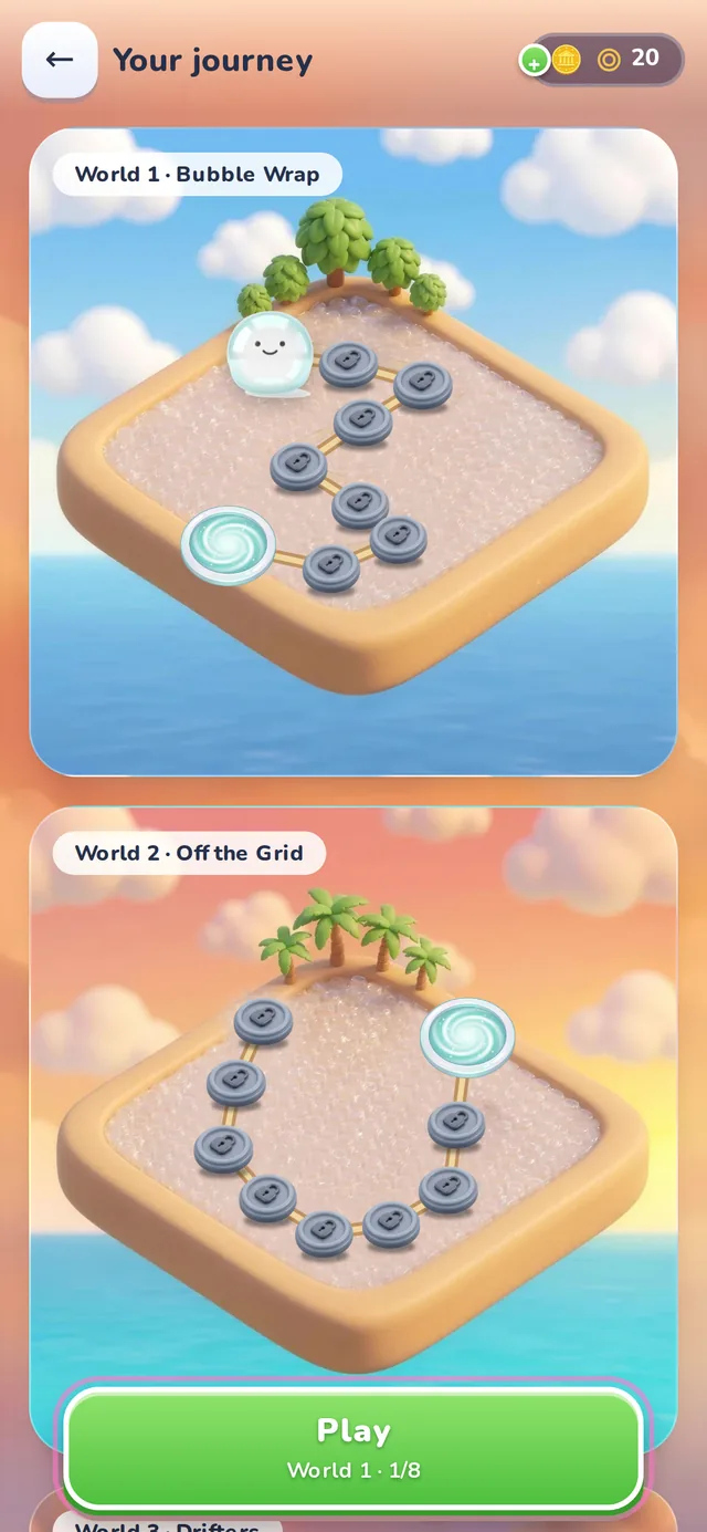 Your journey map with the World 1 and World 2 islands