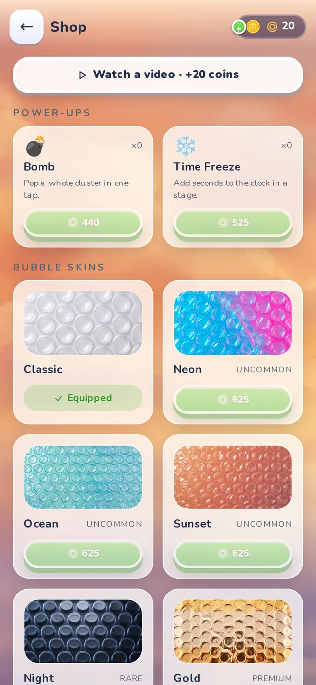 Shop with bomb and time-freeze power-ups and Neon, Ocean and Sunset bubble skins